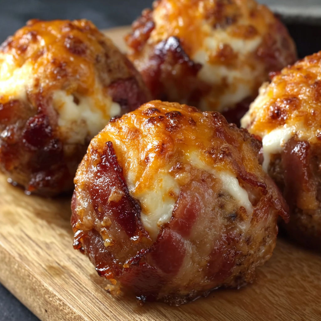 A plate of BBQ Cheddar Bacon Bombs, a delicious appetizer.