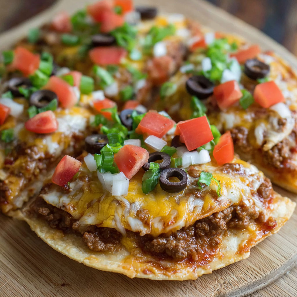 A delicious Mexican pizza with cheese, tomatoes, and olives on a wooden platter.