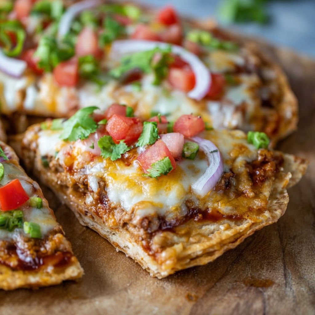 A slice of pizza with tomatoes, onions, and cheese.