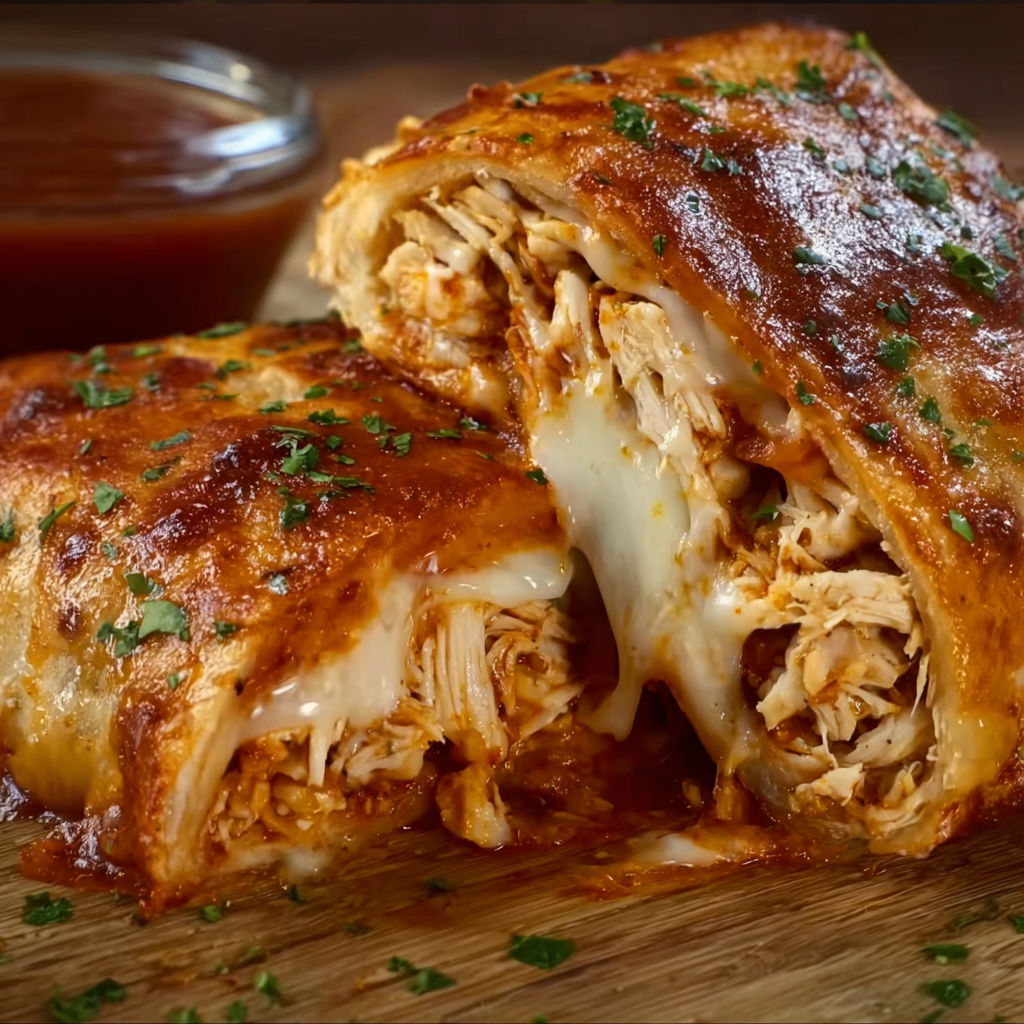 A delicious BBQ Chicken Stromboli is served on a wooden table, accompanied by a side of dipping sauce.