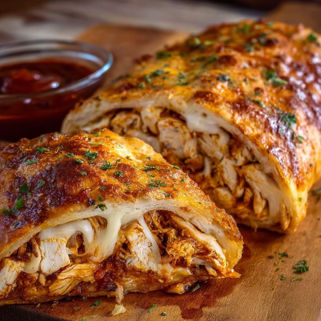 A delicious chicken and cheese sandwich is displayed on a wooden cutting board, accompanied by a side of dipping sauce.