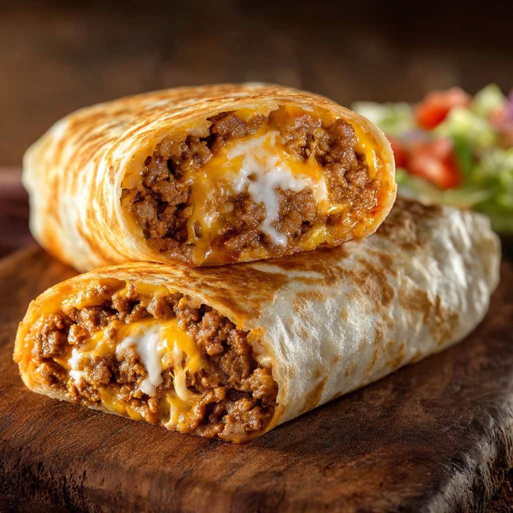 A delicious burrito filled with meat and cheese is served on a wooden table.