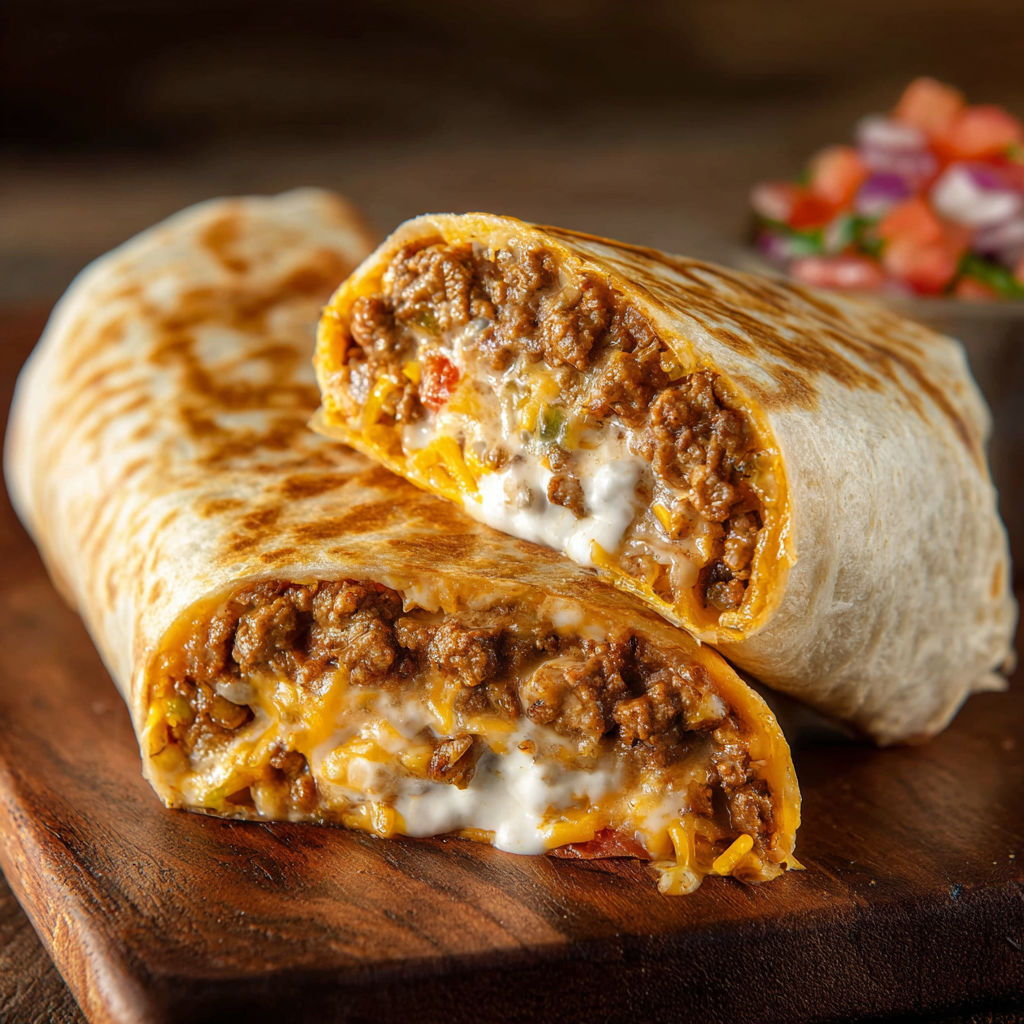 A delicious burrito is served on a wooden cutting board, ready to be enjoyed.