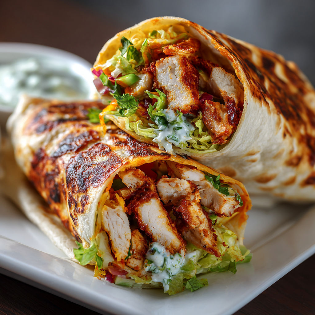 A plate with a Buffalo Chicken Wrap on it.
