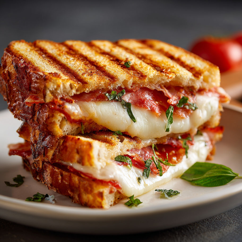 A delicious Pizza Panini Recipe is displayed on a plate.