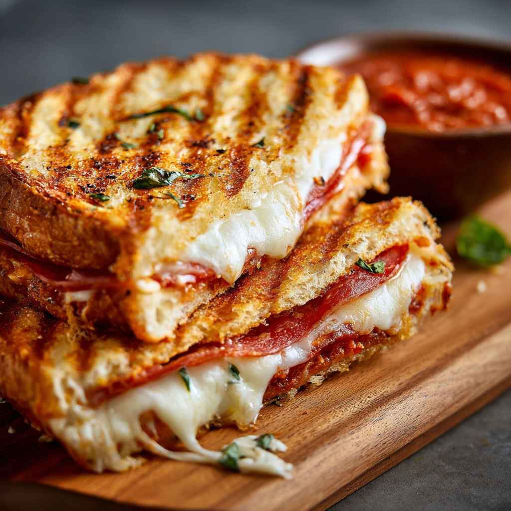 A delicious pizza panini sandwich is served on a wooden cutting board.
