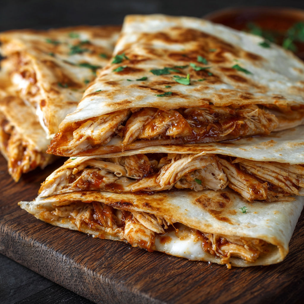 A delicious BBQ Chicken Quesadilla is served on a wooden cutting board.