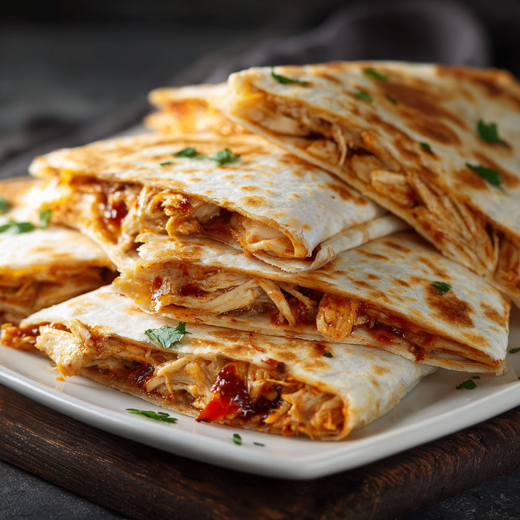 A stack of chicken enchiladas on a plate.
