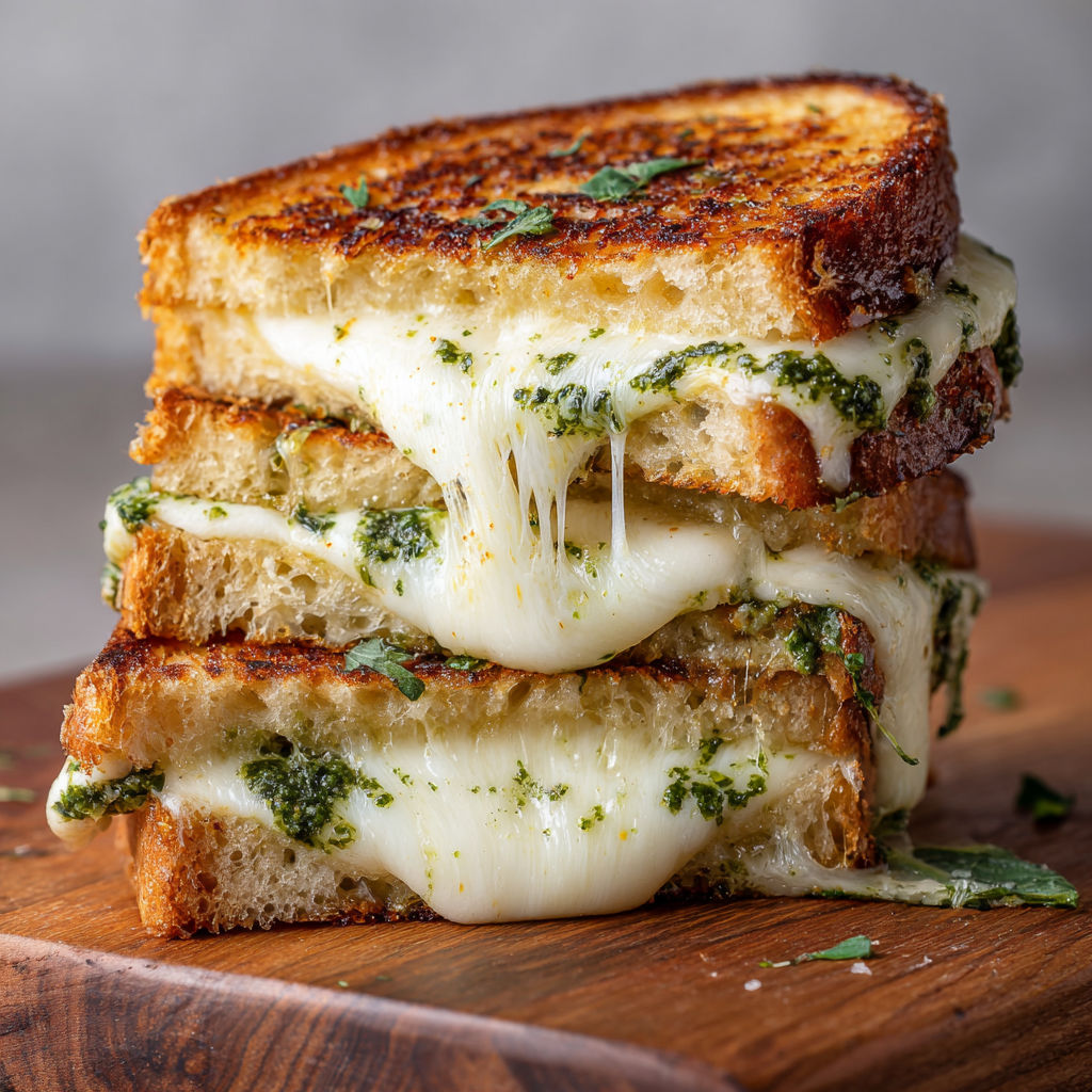 A stack of grilled cheese sandwiches with pesto and mozzarella cheese.