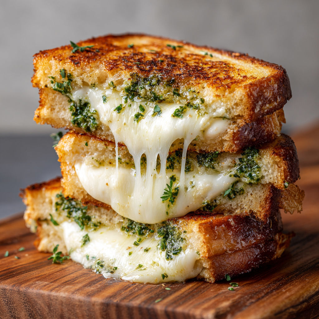 A stack of grilled cheese sandwiches with herbs on top.