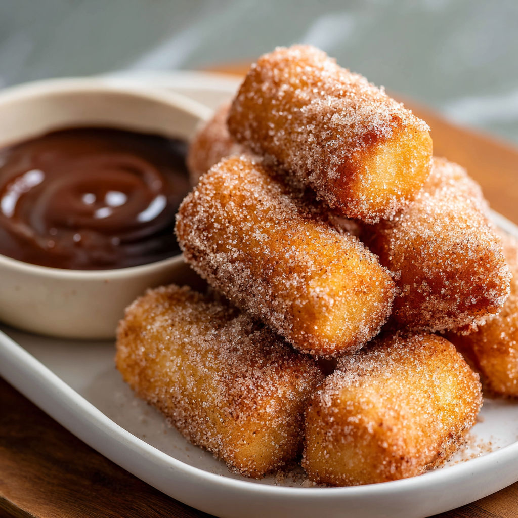 A plate of churro bites with a bowl of chocolate sauce on the side.