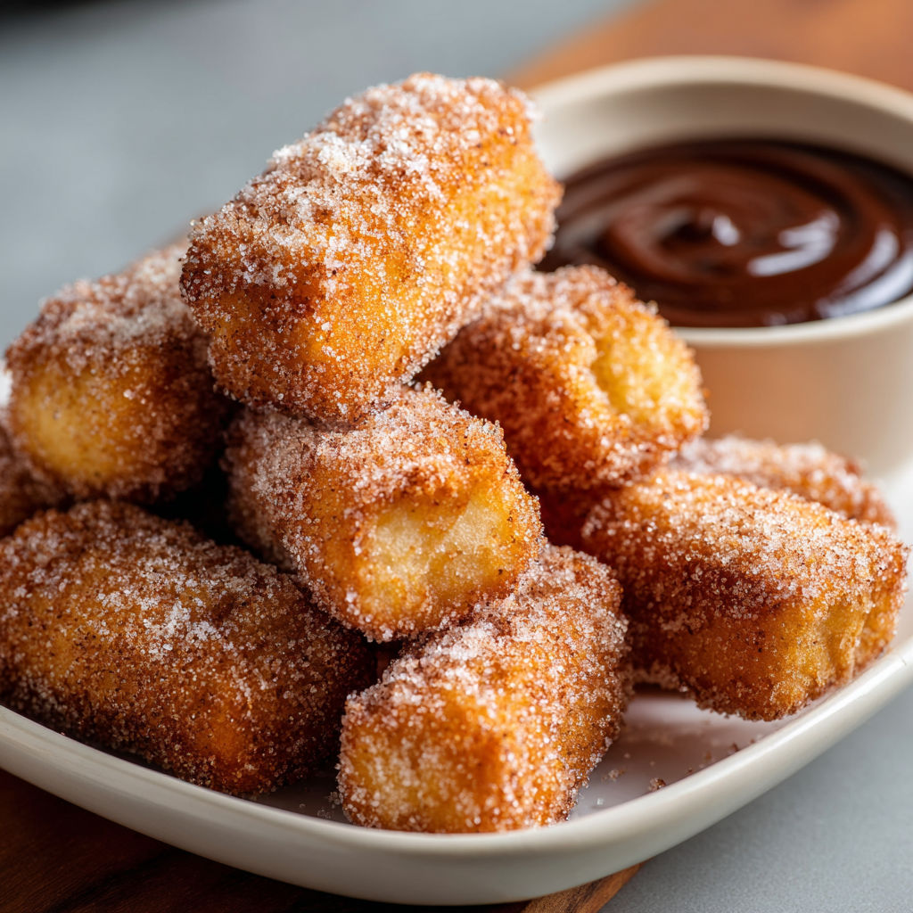 A plate of churro bites with powdered sugar and a dipping sauce.