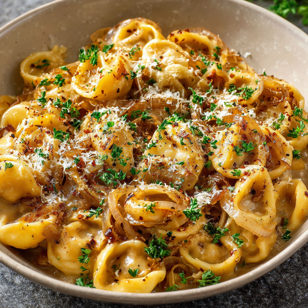 A bowl of French Onion Pasta Recipe, topped with cheese and herbs.