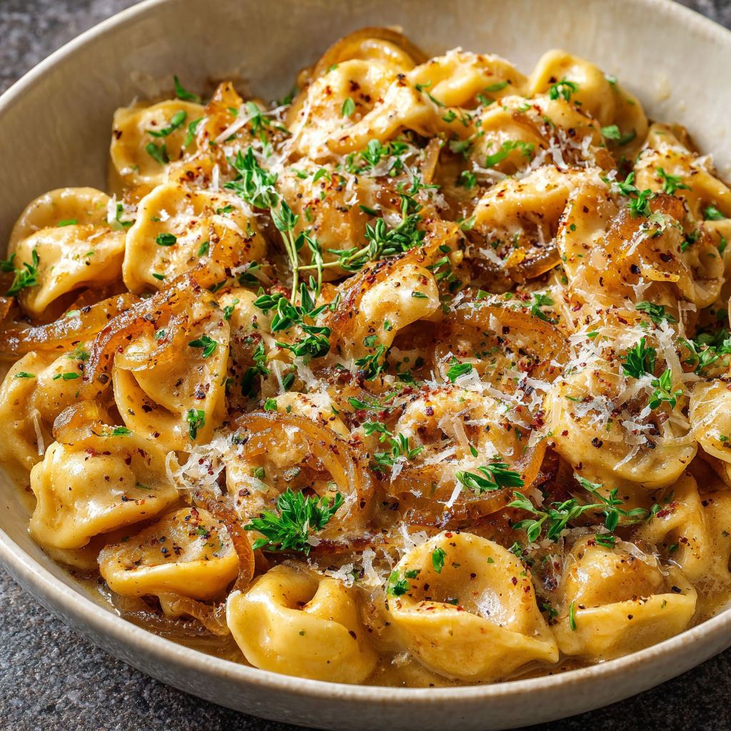 A bowl of French Onion Pasta Recipe with cheese and herbs.