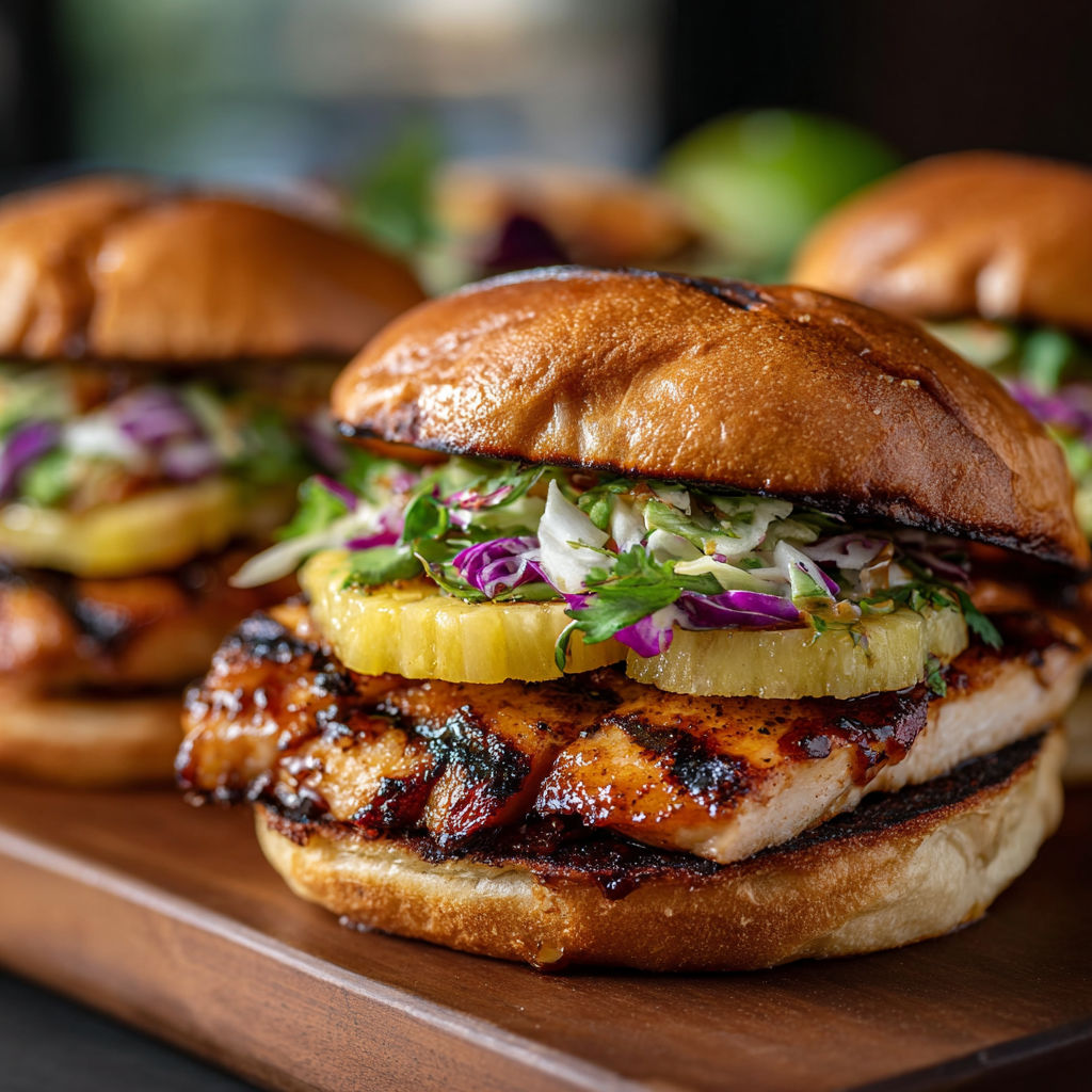 A delicious meal of chicken sandwiches with pineapple and purple cabbage.