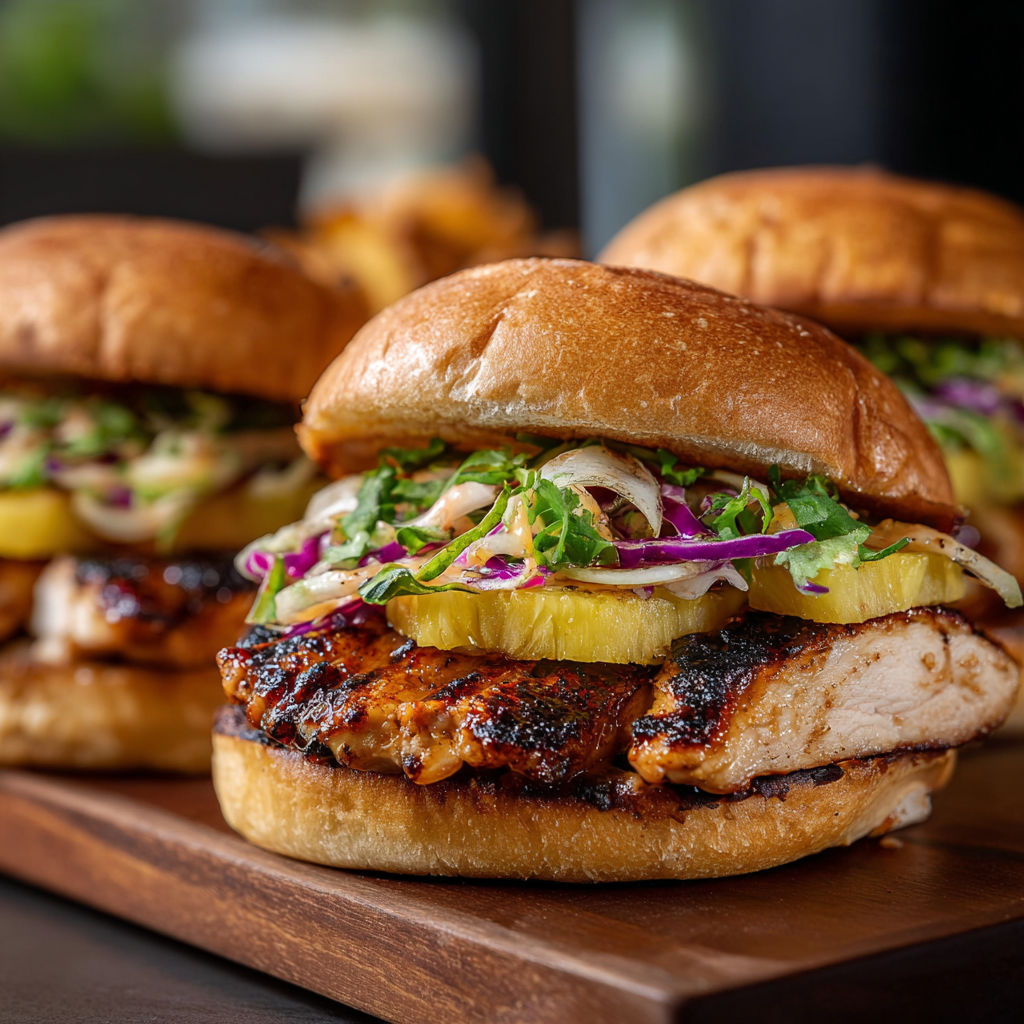A close-up of a delicious chicken sandwich with pineapple and purple onions, served on a wooden cutting board.