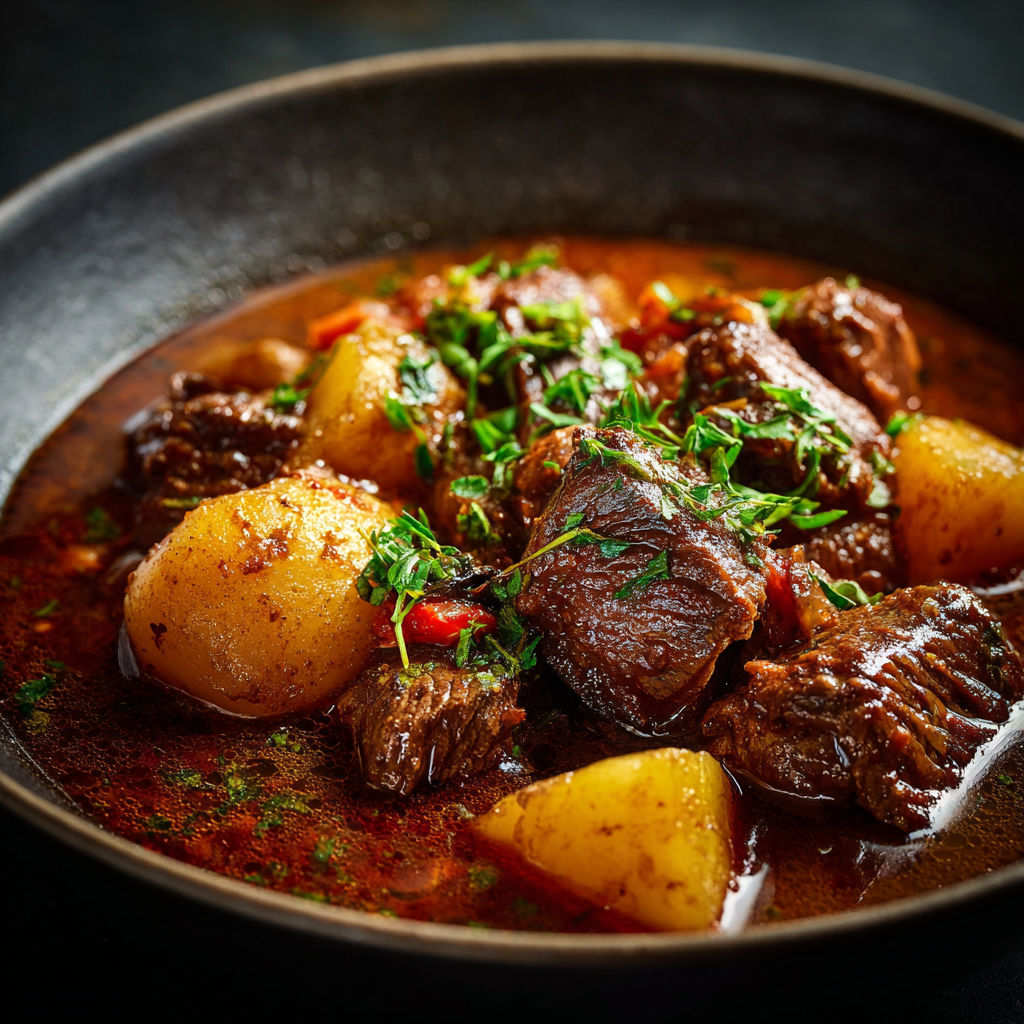 A delicious hearty beef and potato stew is served in a bowl, ready to be enjoyed.