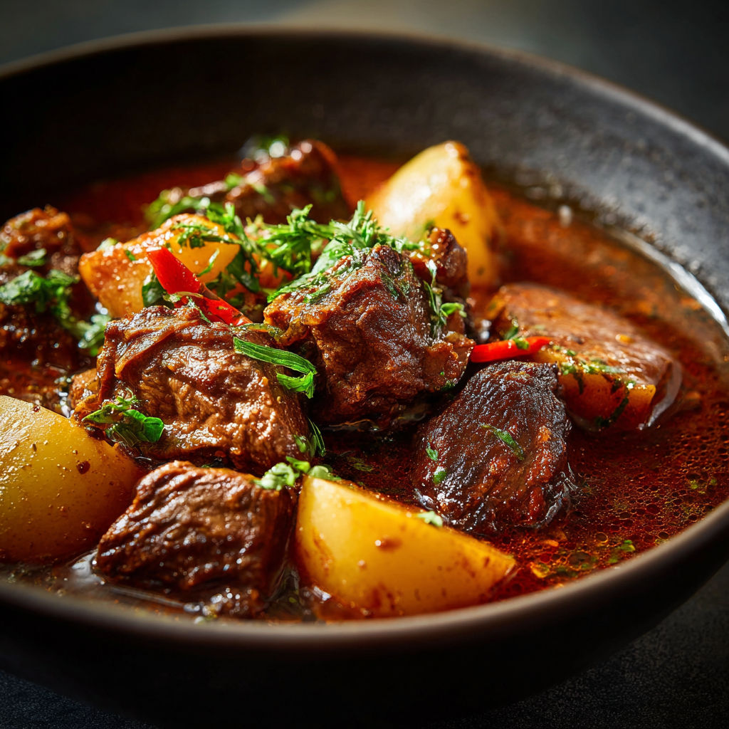 A bowl of beef stew with potatoes and herbs.