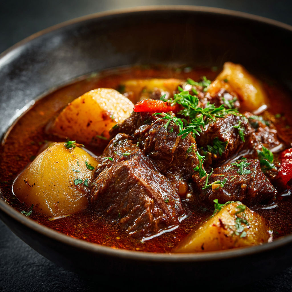 A bowl of beef stew with potatoes, carrots, and herbs.