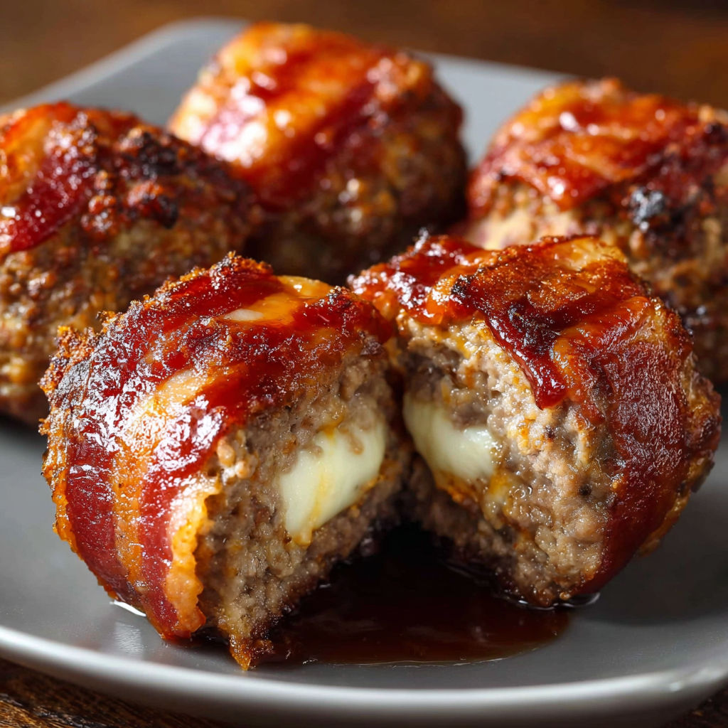 A plate of Cheddar-Stuffed BBQ Bacon is displayed on a table.