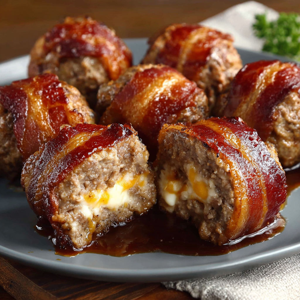 A plate of Cheddar-Stuffed BBQ Bacon is displayed on a table.