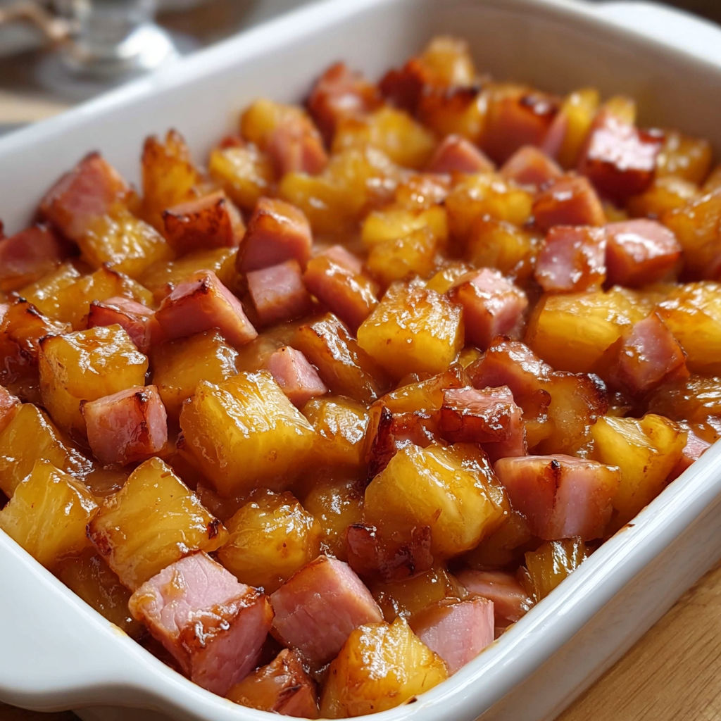 A dish of ham with pineapple and brown sugar, ready to be served.