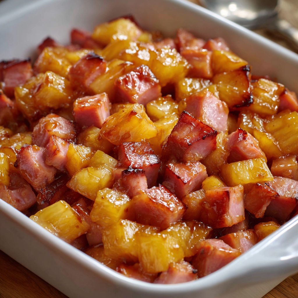 A white bowl filled with ham and pineapple chunks, likely a part of a Hawaiian-inspired dish.