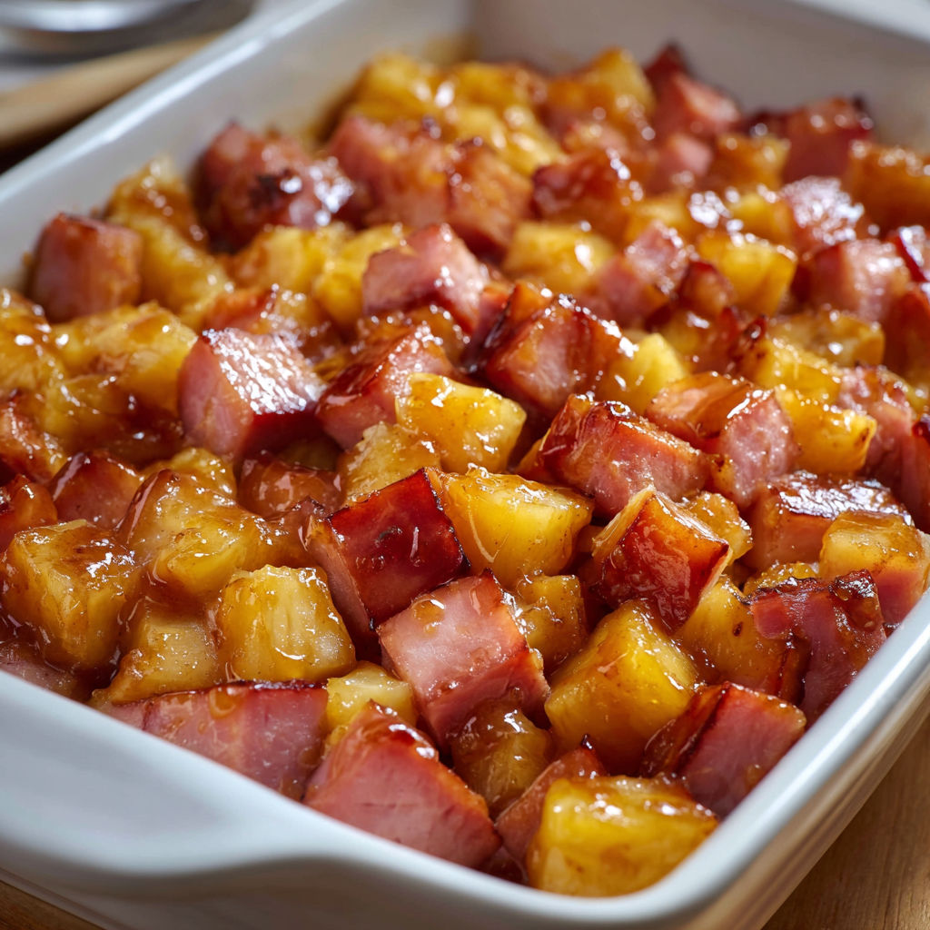 A white bowl filled with a delicious ham and pineapple dish.