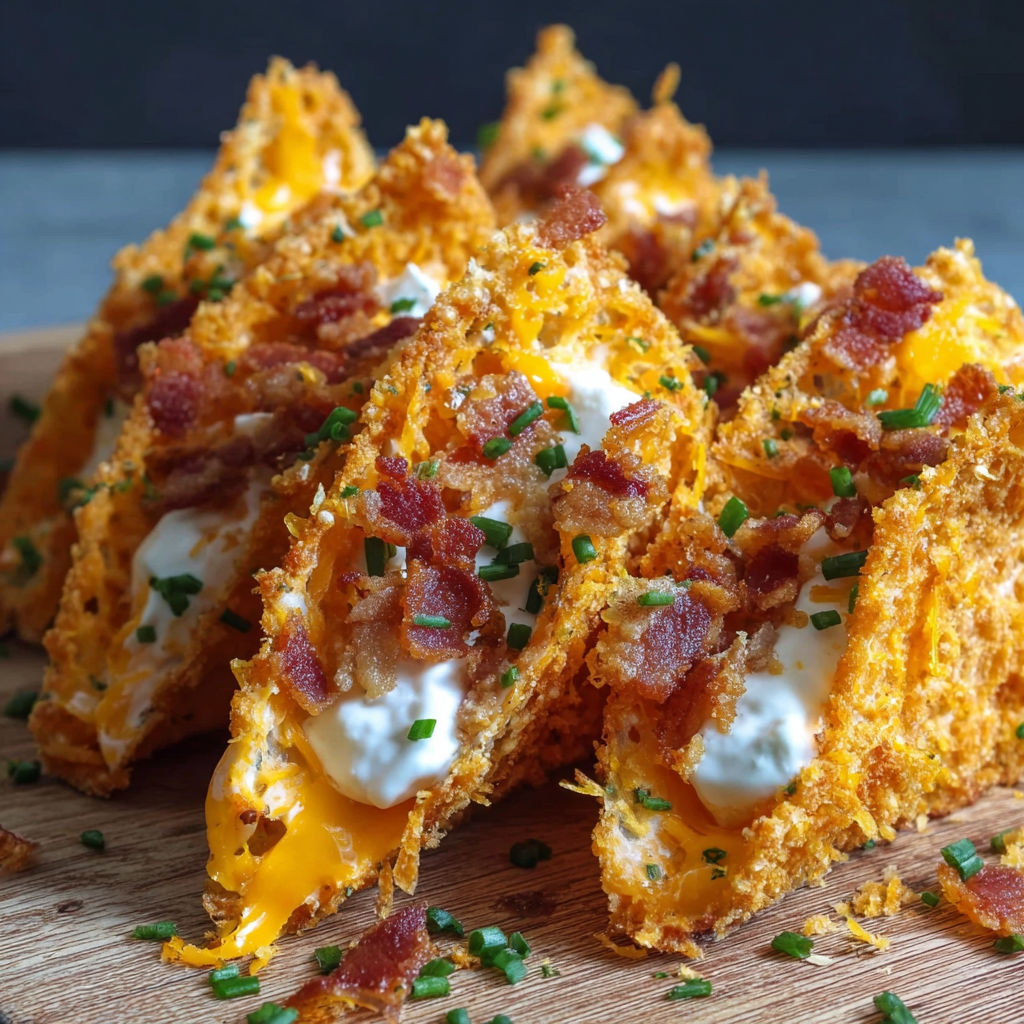 A close up of a delicious bacon and cheese stuffed Doritos snack.