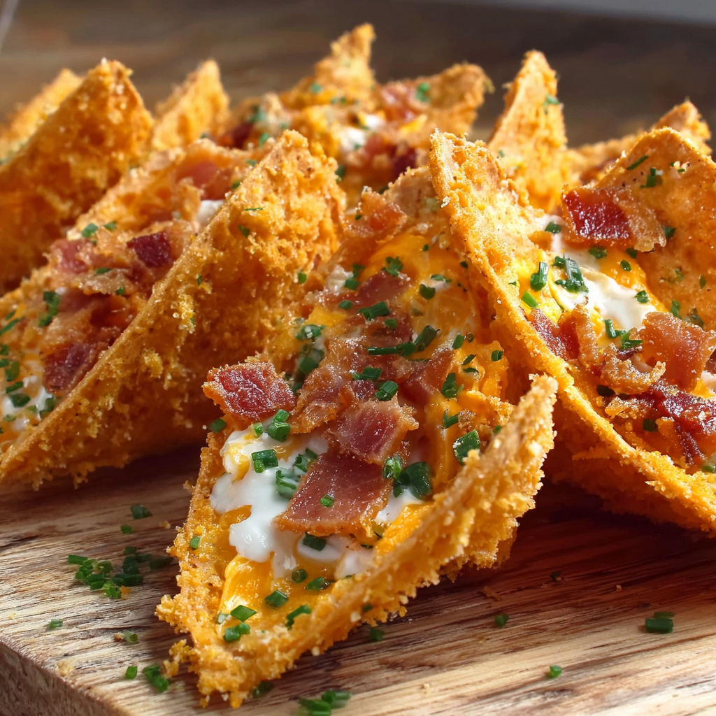 A close up of a bacon and cheese quesadilla on a wooden cutting board.