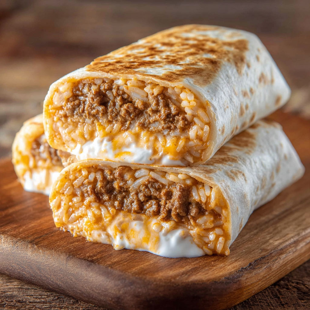 A delicious burrito is served on a wooden cutting board.