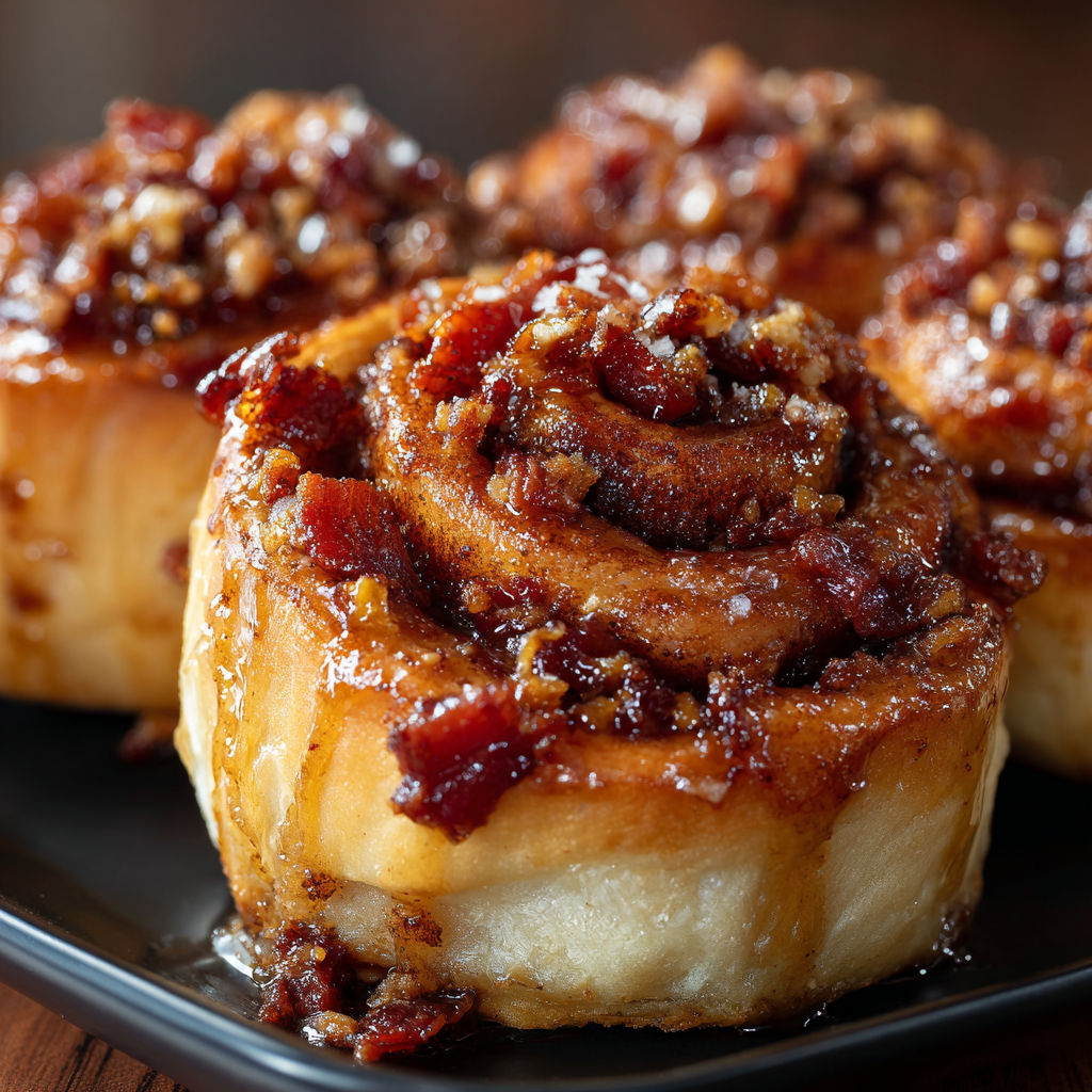 Three delicious looking cinnamon rolls with a maple glaze and bacon toppings.