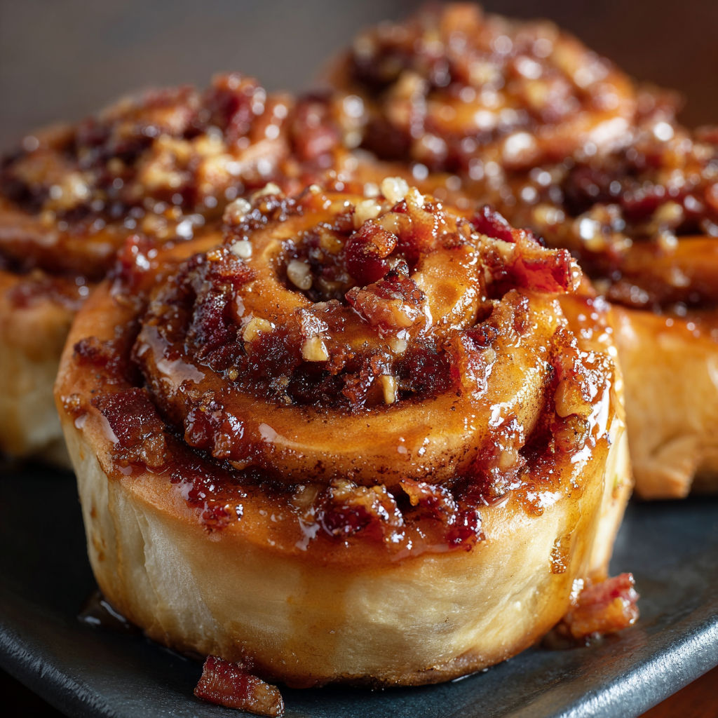 A plate of bourbon maple bacon cinnamon rolls.