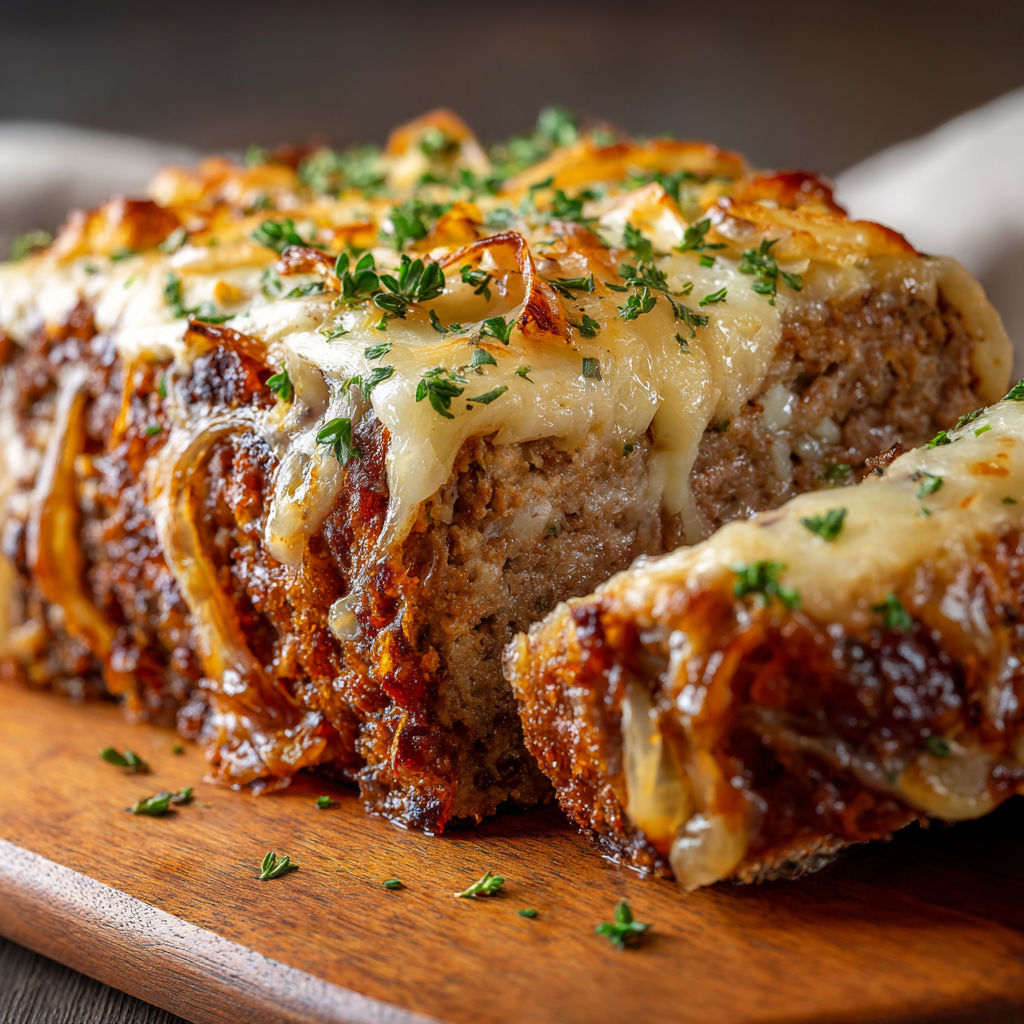 A delicious looking piece of beefloaf with cheese and onions, ready to be cooked in a crockpot.