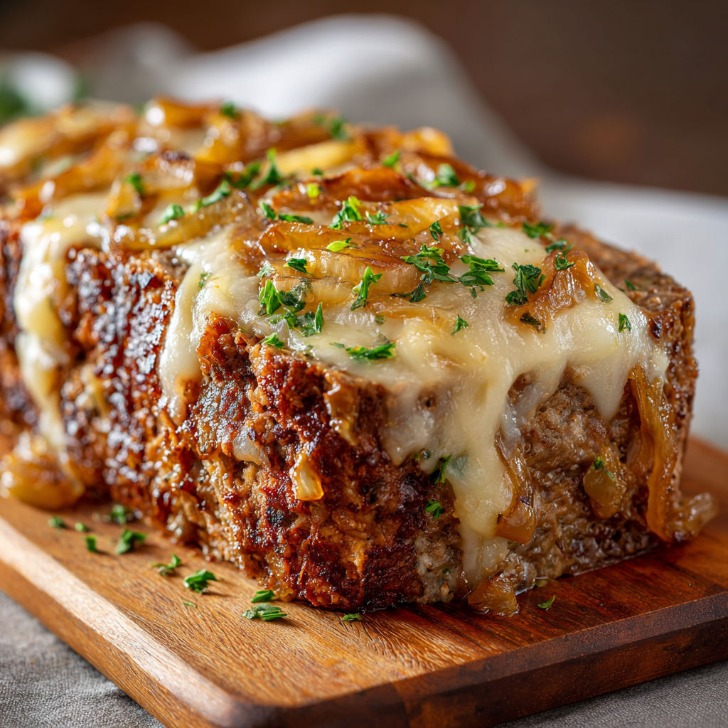 A delicious looking crockpot French Onion Beefloaf is presented on a wooden cutting board.