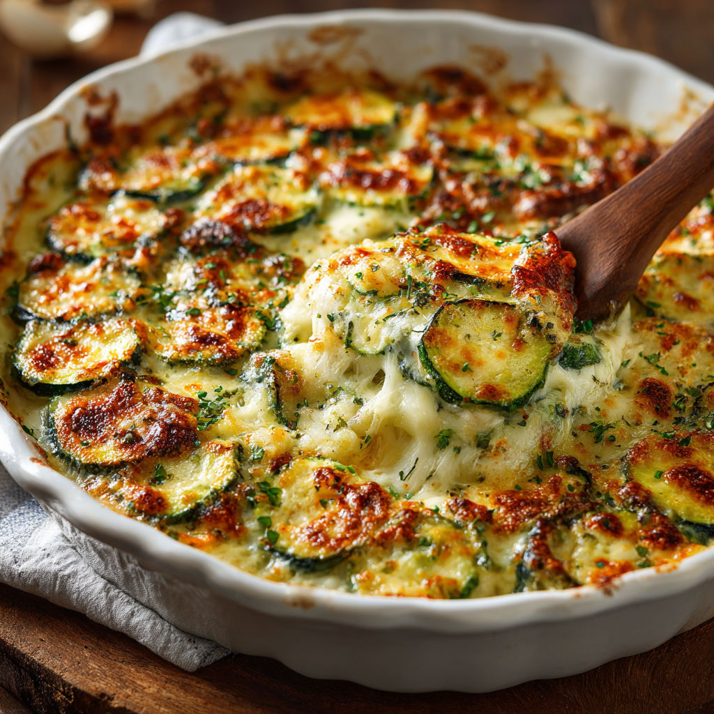A delicious baked zucchini cheese dish, ready to be served.