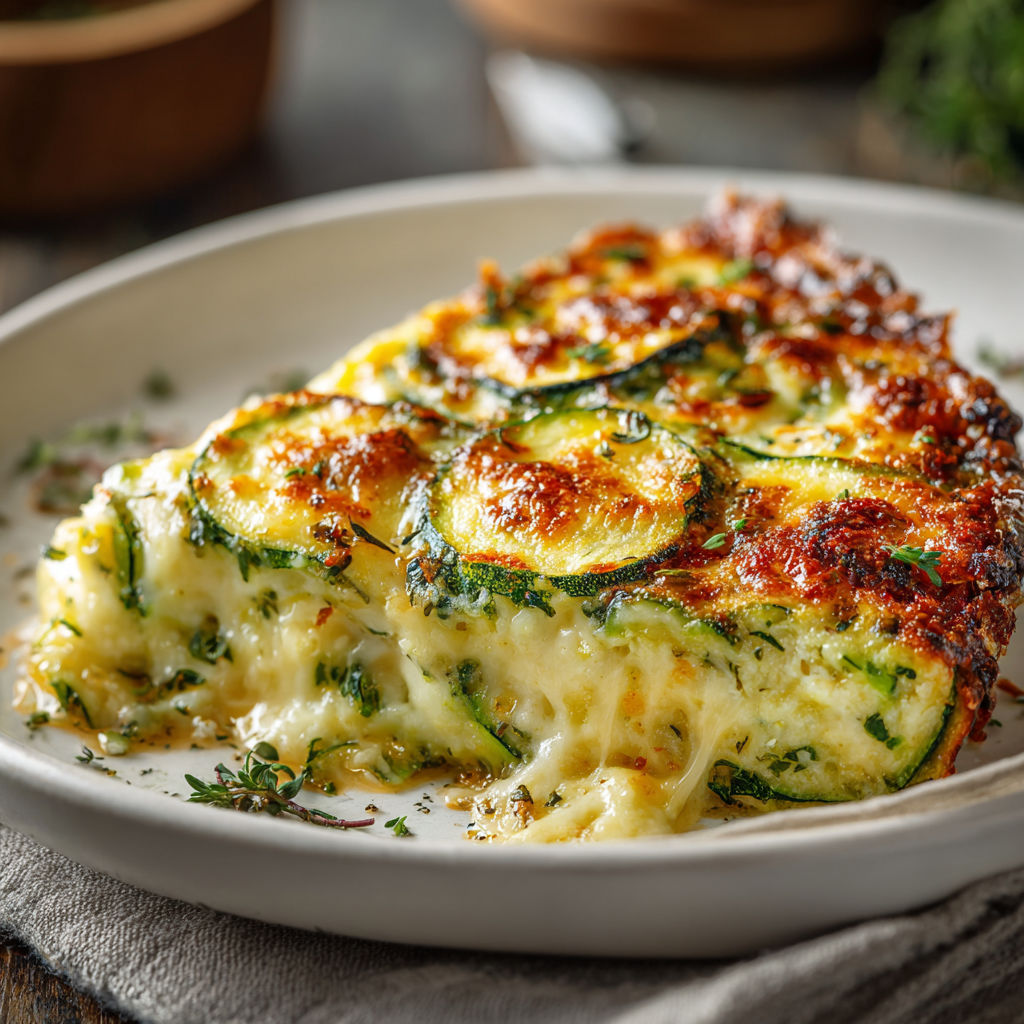 A delicious baked zucchini cheese dish is served on a white plate.