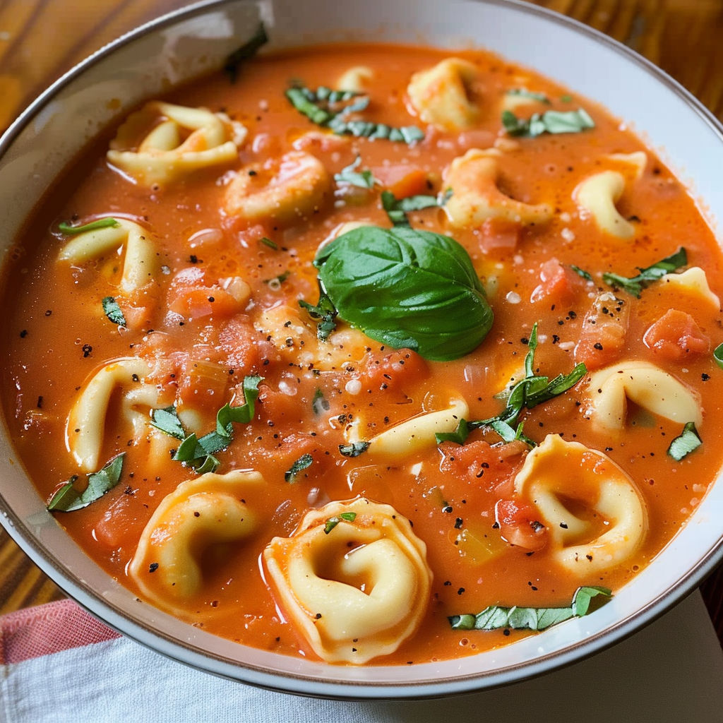 A bowl of creamy tomato tortellini soup with pasta and vegetables.