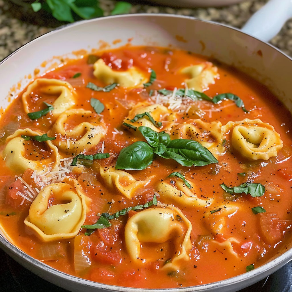 A delicious Creamy Tomato Tortellini Soup is cooked in a pan, filled with tortellini, tomatoes, and herbs.