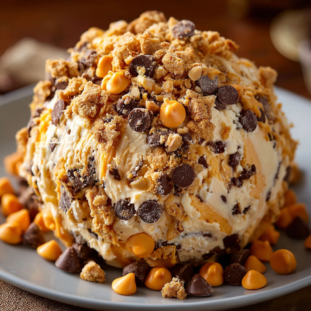 A plate of a Reese's Cheese Ball, covered in chocolate and peanut butter.