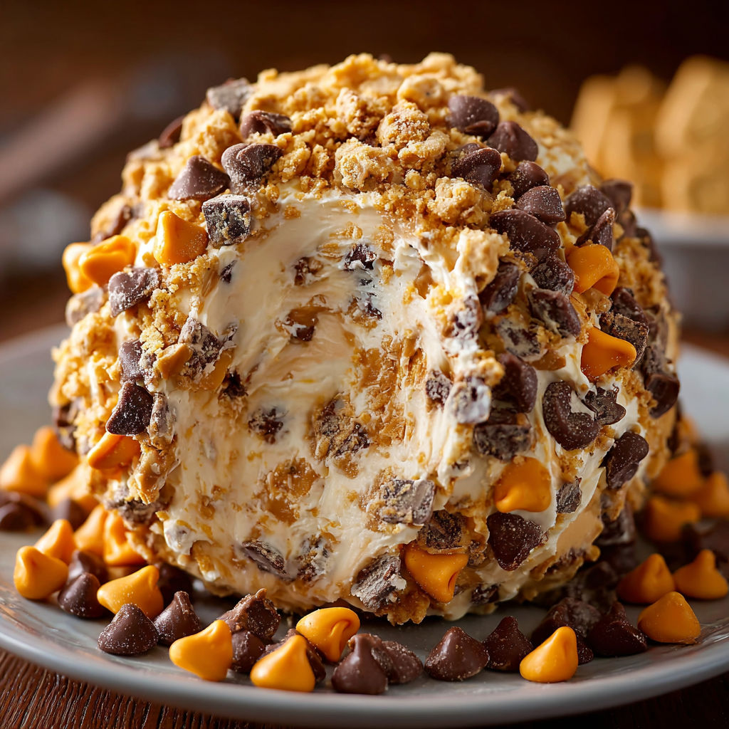 A delicious Reese's Cheese Ball is displayed on a plate, topped with chocolate chips and orange candies.