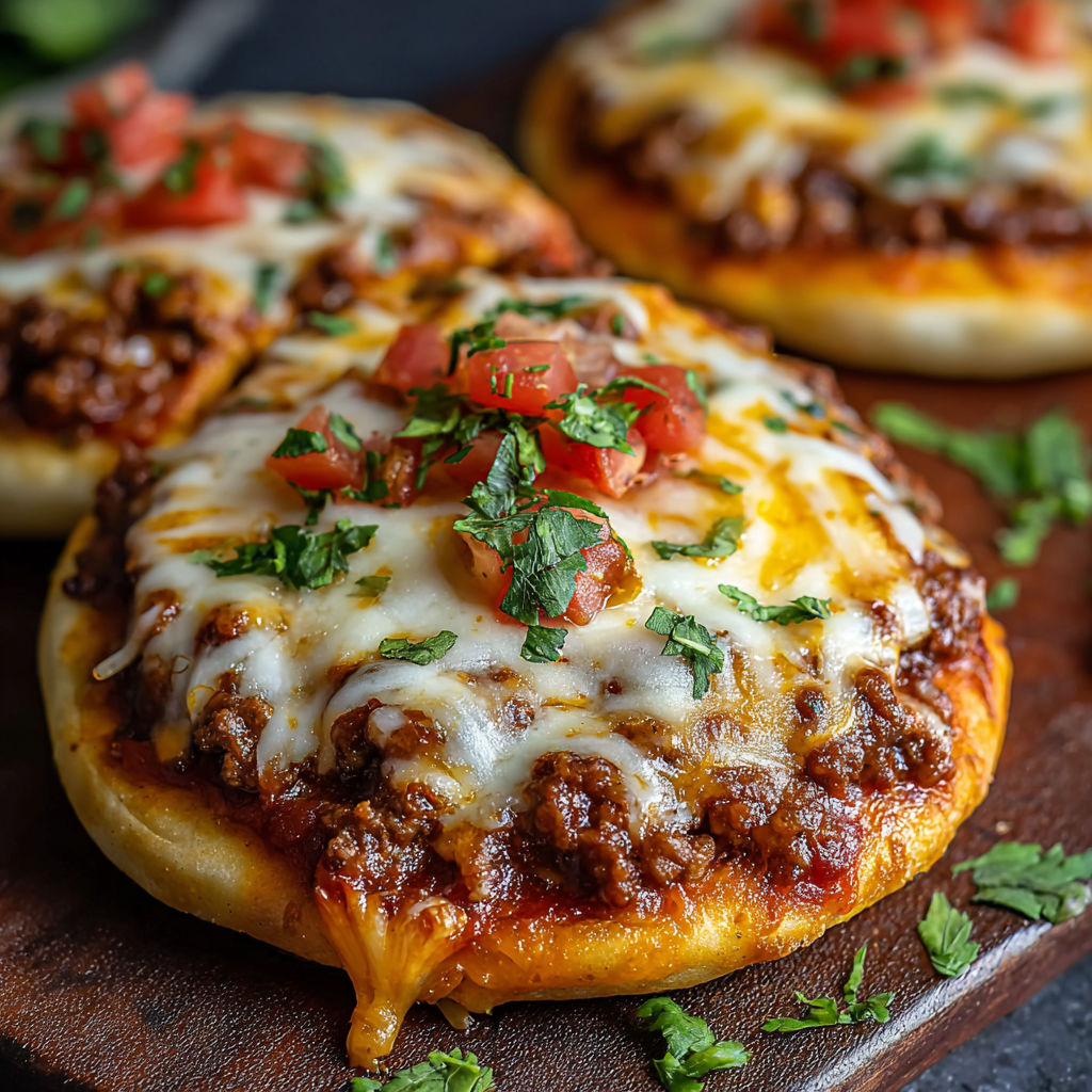 A delicious pizza burger with cheese and tomatoes on a wooden cutting board.