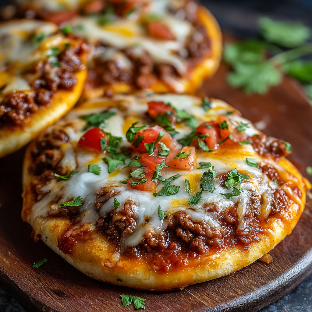 A delicious chili cheese pizza with tomatoes and green onions on a wooden cutting board.