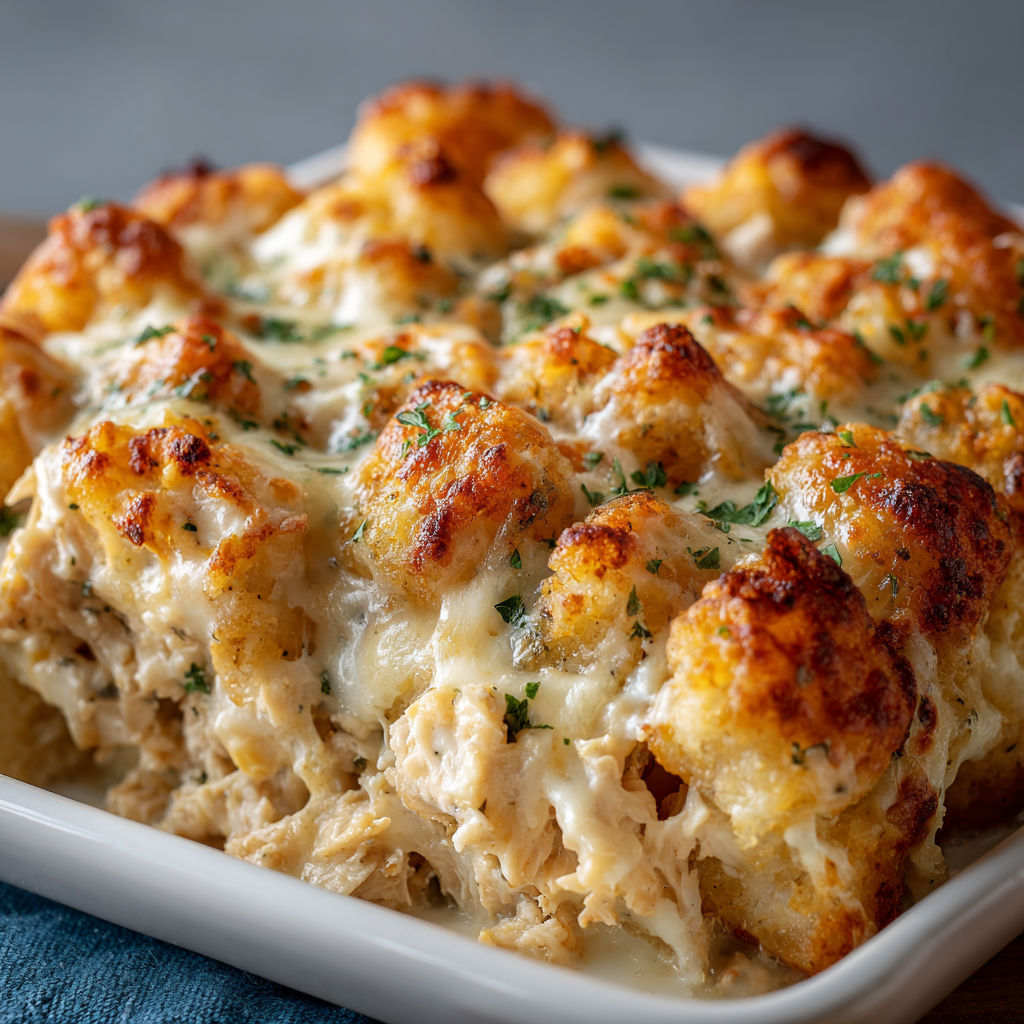 A delicious Chicken Alfredo Tater Tot Casserole Recipe is ready to be served.