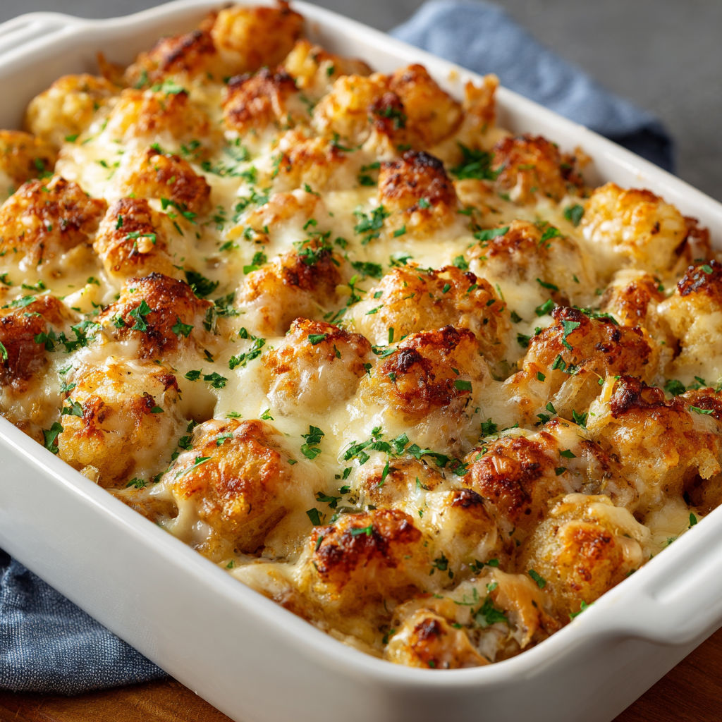 A dish of chicken Alfredo Tater Tot Casserole Recipe is displayed on a table.