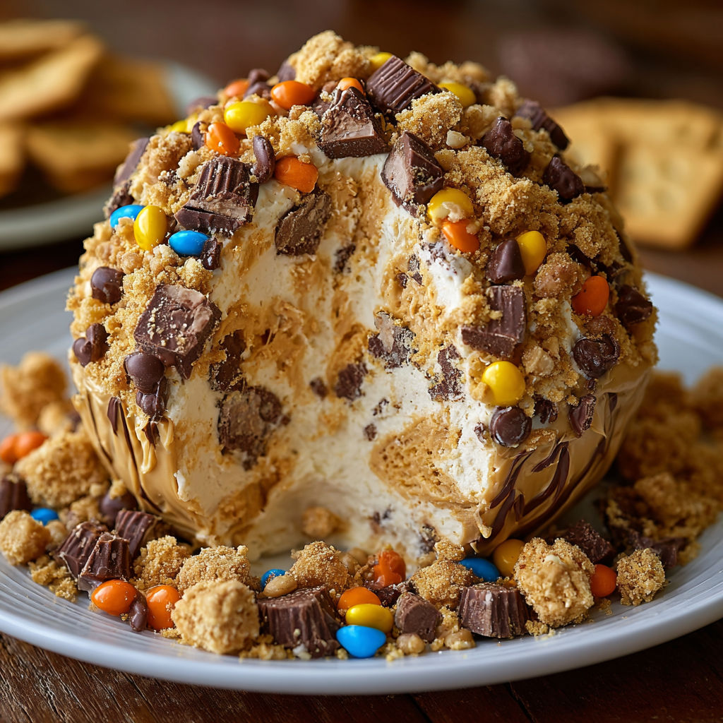 A plate of a Reese's Cheese Ball with chocolate chips and M&M's.