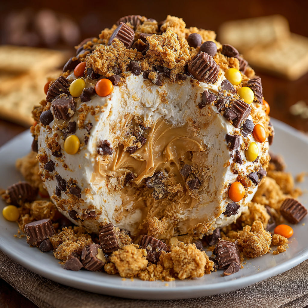 A plate of a peanut butter and chocolate dessert with a chocolate chip cookie on top.