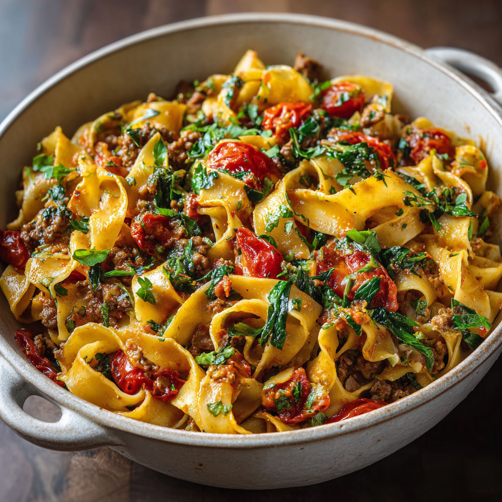 A delicious Italian Drunken Noodles Pasta dish is served in a bowl.