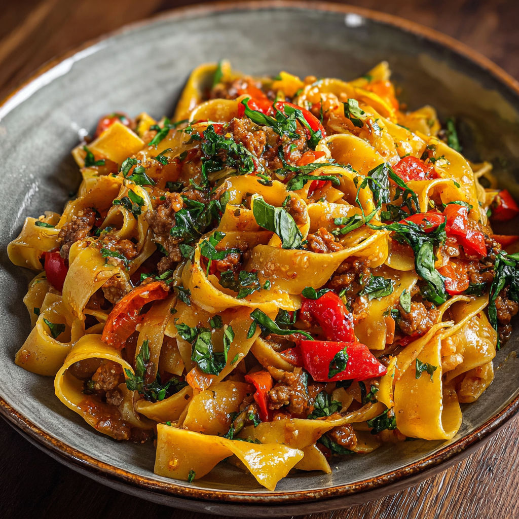 A bowl of Italian Drunken Noodles Pasta with various vegetables and meat.