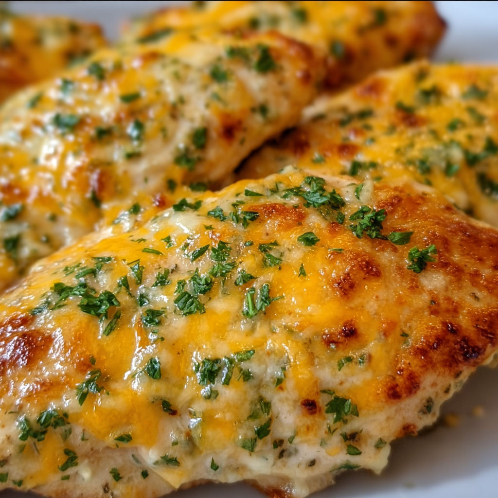 A plate of baked chicken with cheese and herbs on top.